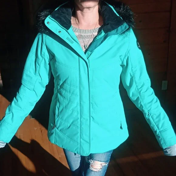 OBERMEYER women’s ski jacket hood faux fur thermore teal size 8 winter